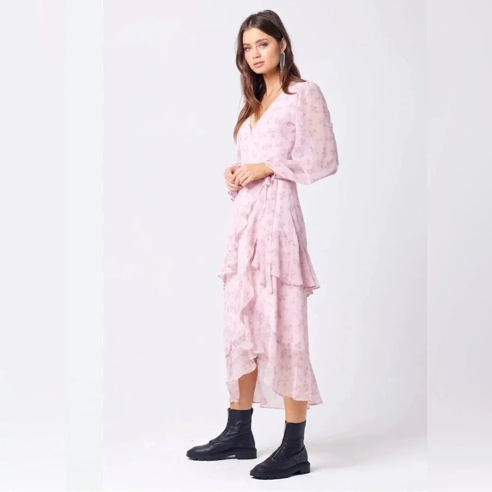 Saltwater Luxe Pink Floral Long Sleeve True Wrap Midi Dress‎ Size XS, NWT